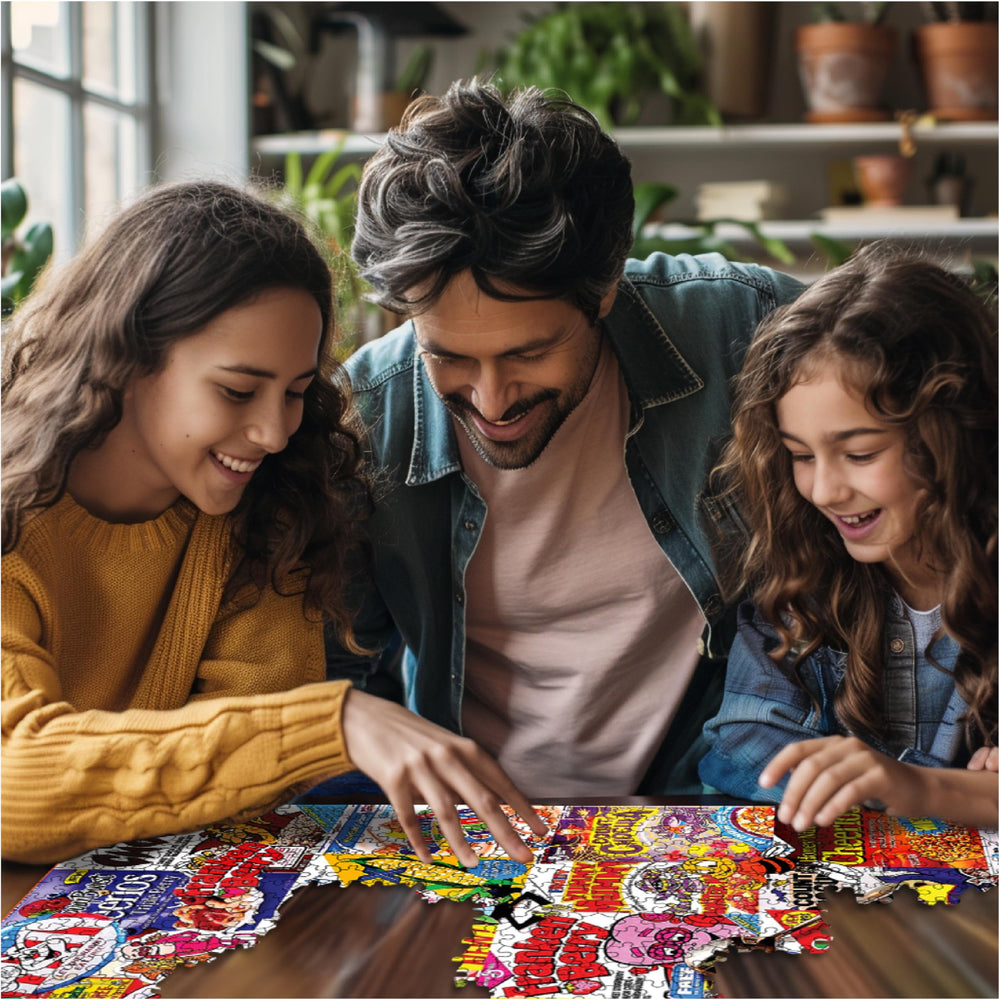 White Mountain Puzzles completed 24x30 inch layout showcases vibrant collage art on display.