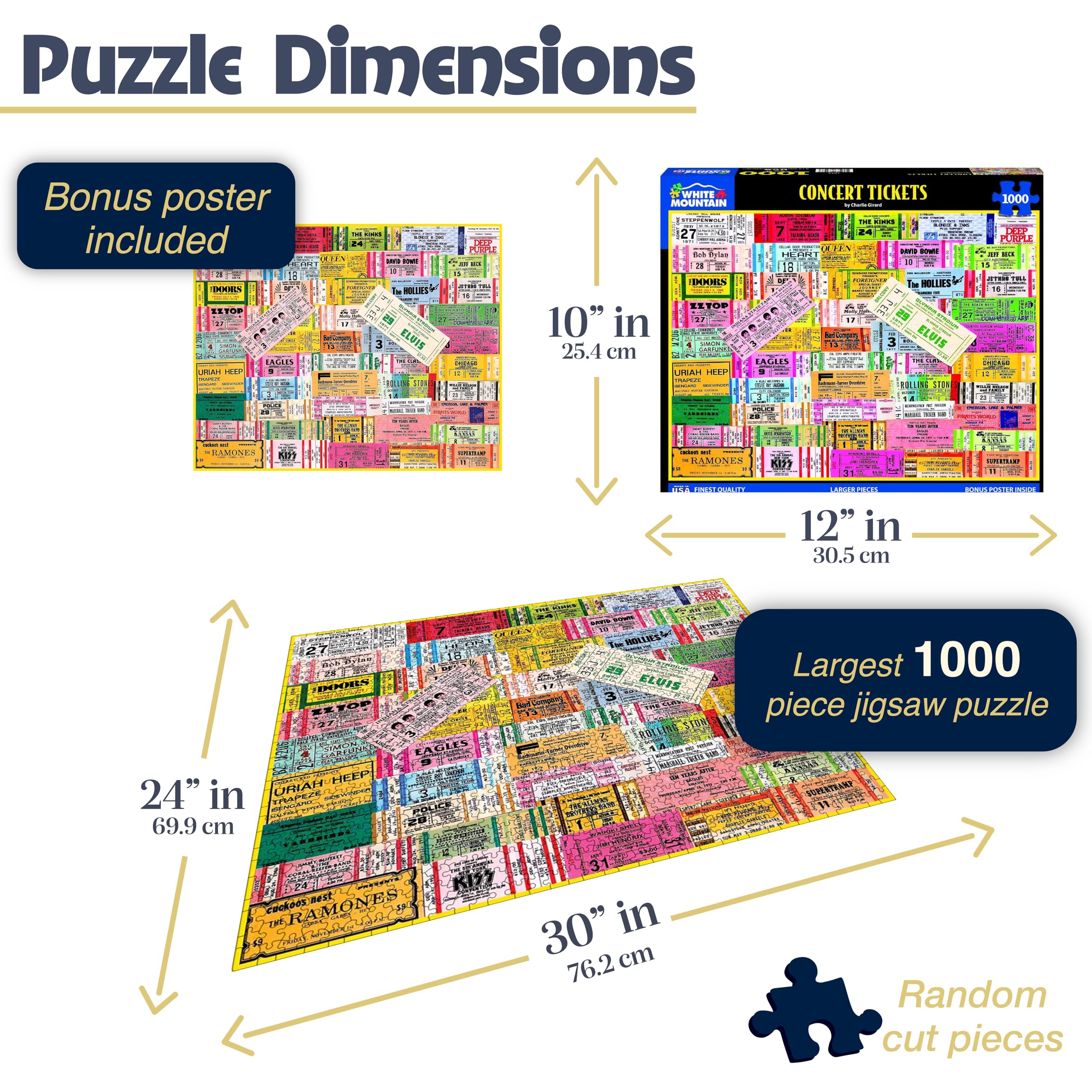 White Mountain Concert Tickets 1000-piece puzzle assembly-table ready for collaborative play.