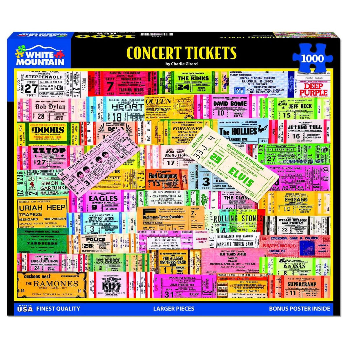 White Mountain Concert Tickets 1000-piece puzzle box, ideal for family nights.