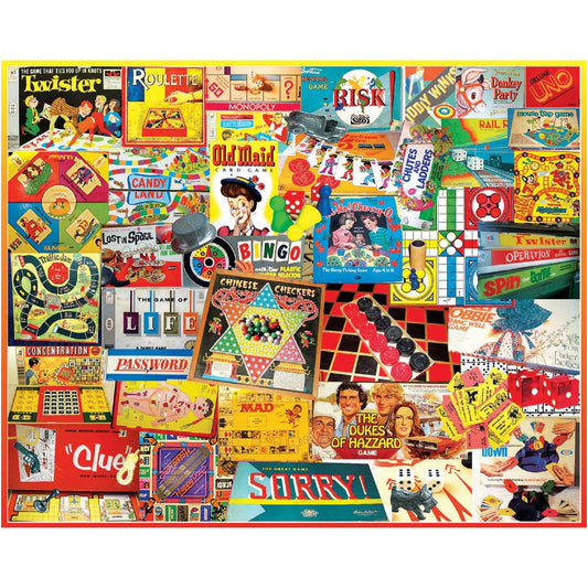 White Mountain Puzzles The Games We Played collage featuring classic game icons for nostalgic family nights.