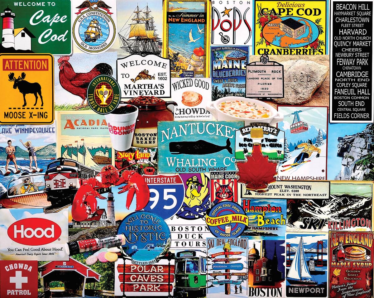 White Mountain Puzzles I Love New England cover image showing coastal scenery and landmarks.