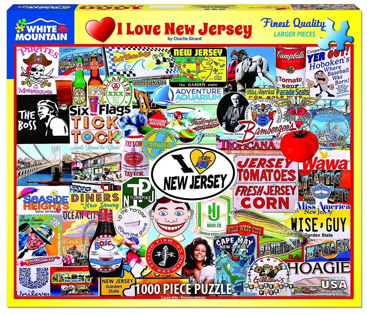 White Mountain Puzzles I Love New Jersey box front featuring New Jersey artwork for family puzzle time