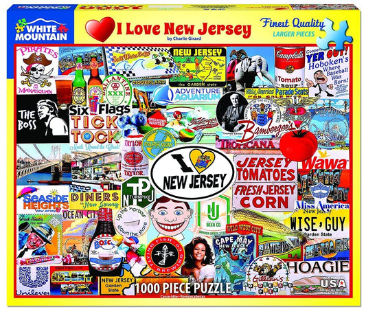White Mountain Puzzles I Love New Jersey box front featuring New Jersey artwork for family puzzle time