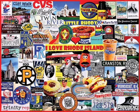 White Mountain Puzzles I Love Rhode Island collage image for family game night.