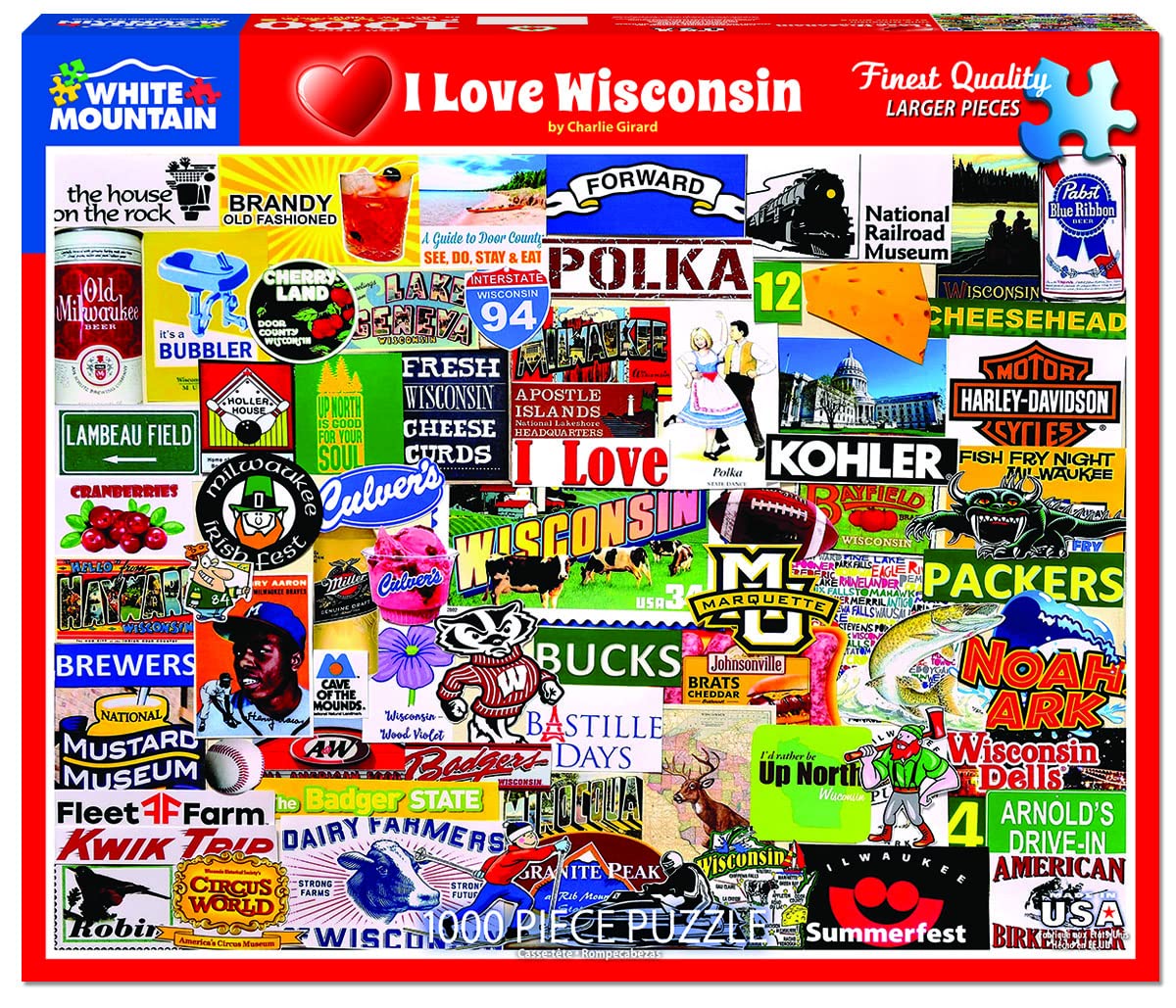 White Mountain Puzzles I Love Wisconsin cover art showcasing Wisconsin icons for family fun.