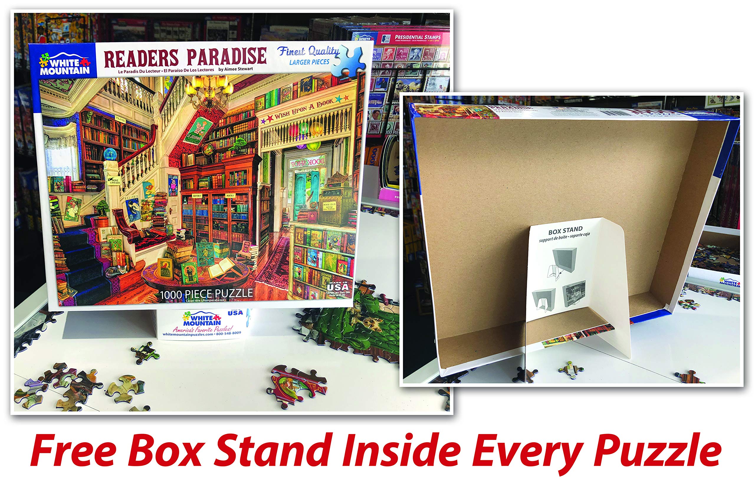 White Mountain Puzzles interlocking pieces closeup highlights durable blue chipboard and quality.