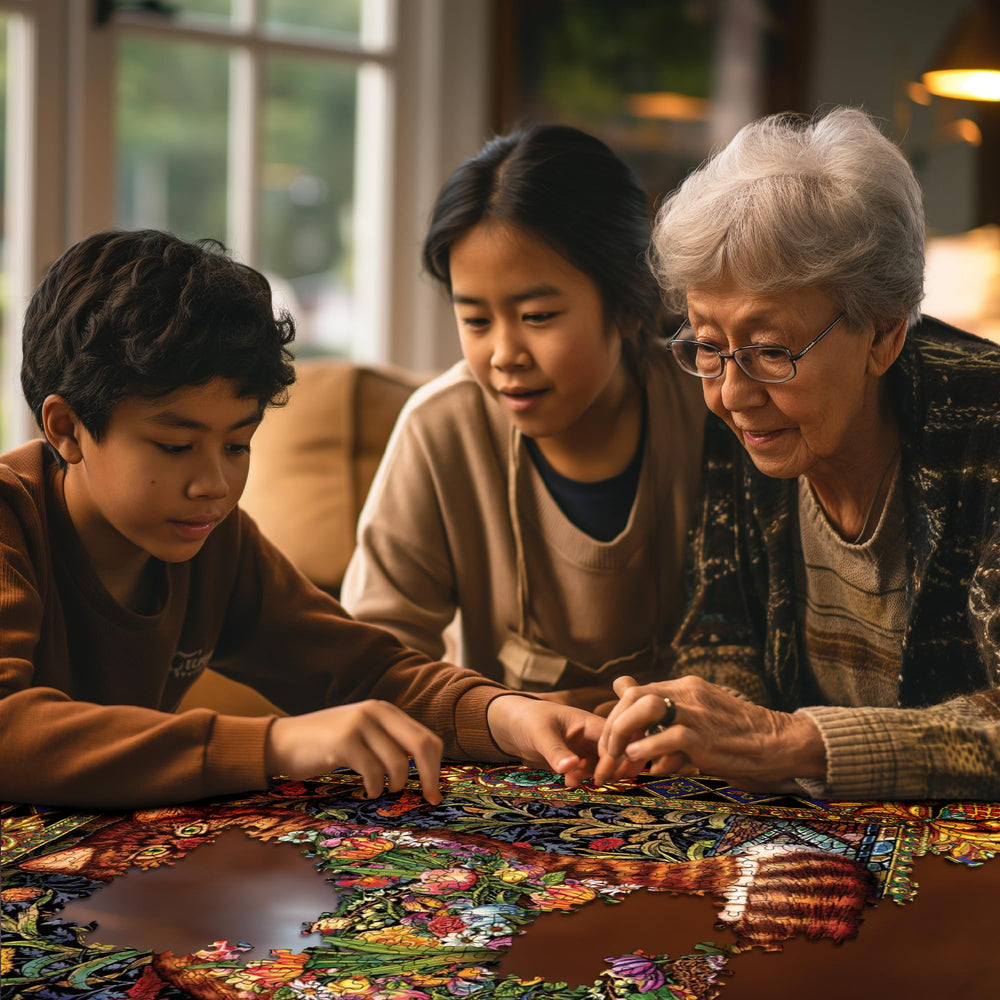 White Mountain Puzzles Tapestry Cat artist Lewis T Johnson depiction and color detail