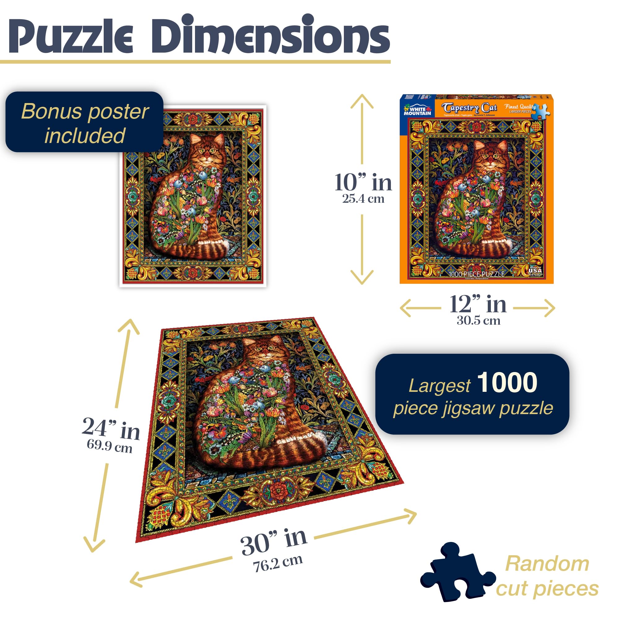 White Mountain Puzzles Tapestry Cat pieces foster focus and family bonding during puzzles