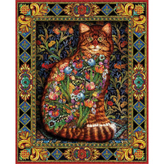 White Mountain Puzzles Tapestry Cat puzzle cover reveals a cozy scene for quiet evenings