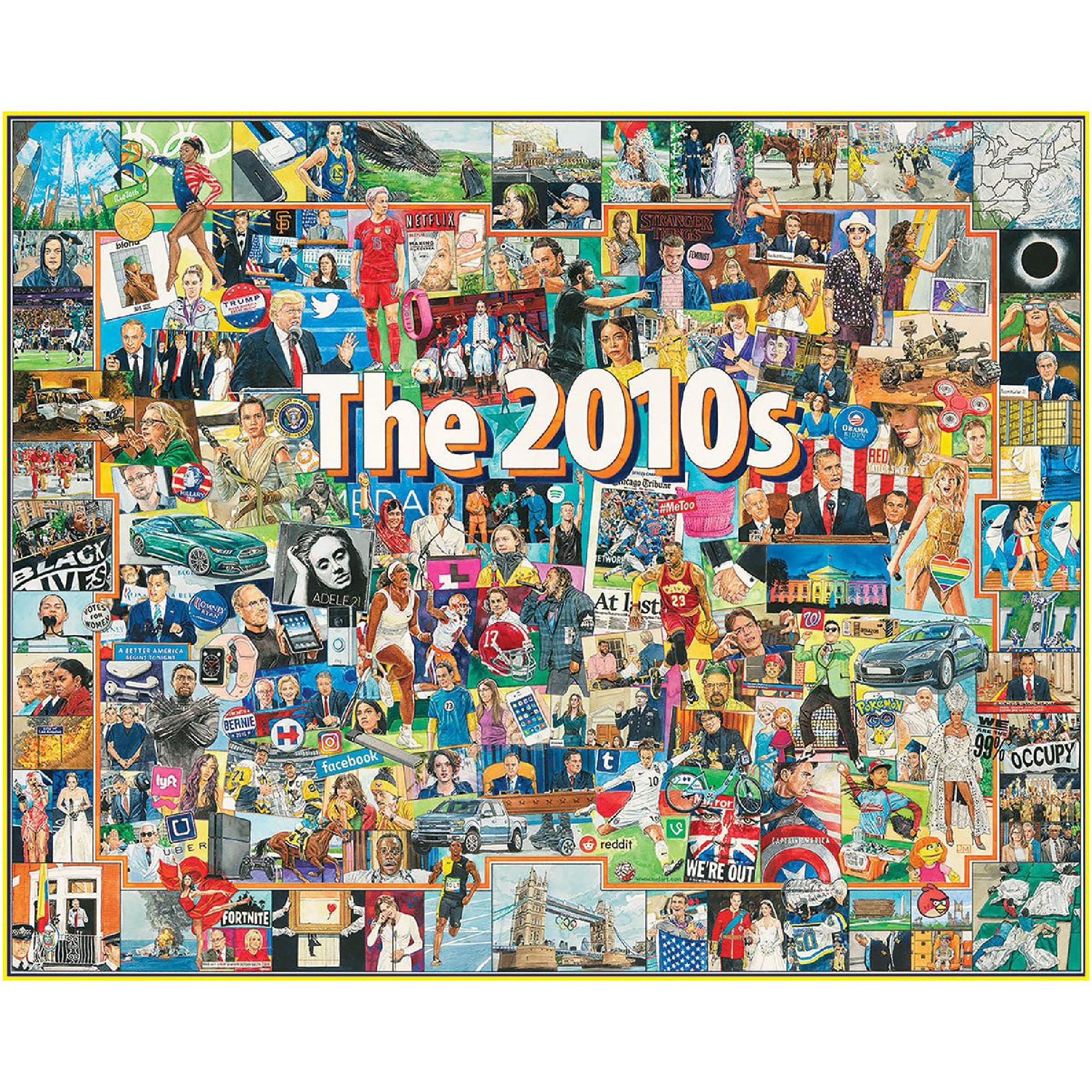 White Mountain Puzzles The 2010s box art; decade scenes for family activity.