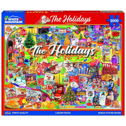 White Mountain The Holidays cover art showcases festive scenes for engaging family time.