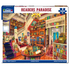 White Mountain Readers Paradise puzzle cover featuring a magical bookstore scene for cozy evenings.