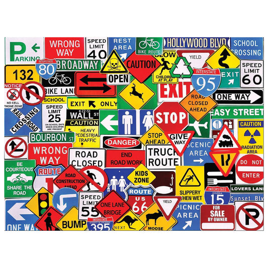 White Mountain Road Signs puzzle cover with bold highway signs for colorful family entertainment