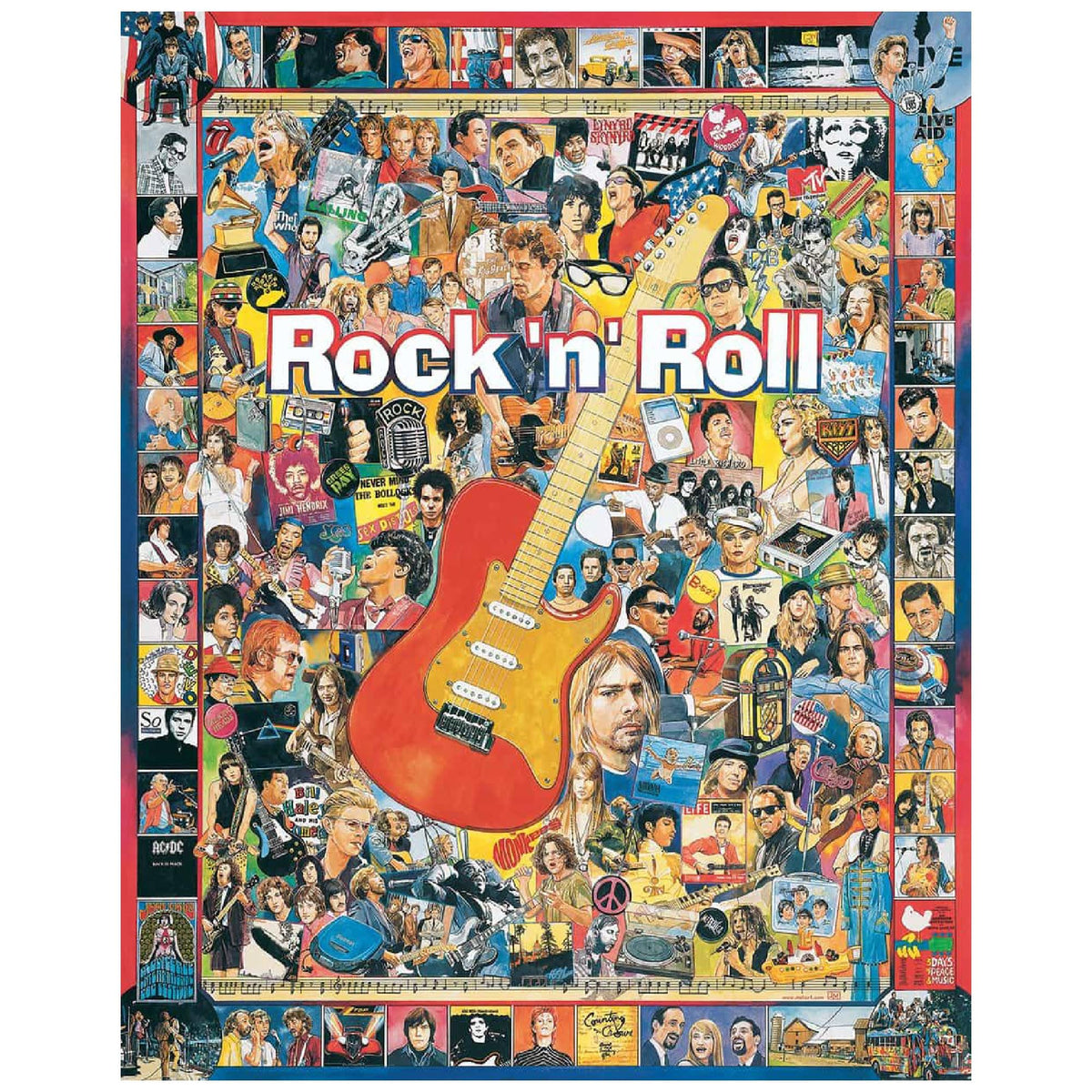 White Mountain Rock 'N Roll 1000-piece puzzle box, vivid collage, ideal for family puzzle night.
