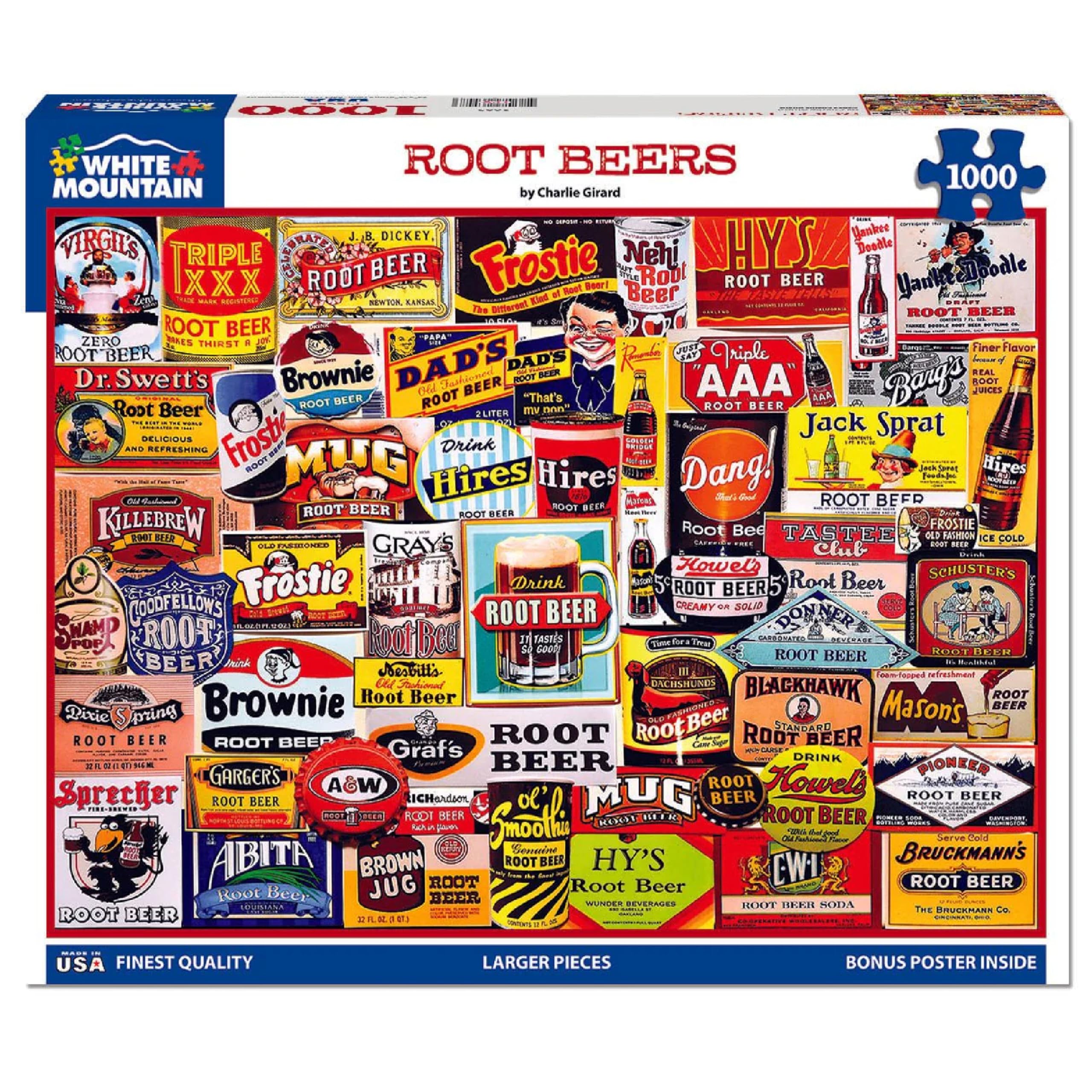 White Mountain Root Beer Puzzle collage shows vibrant labels for nostalgic family fun.