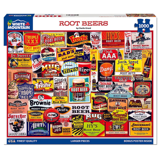 White Mountain Root Beer Puzzle collage shows vibrant labels for nostalgic family fun.