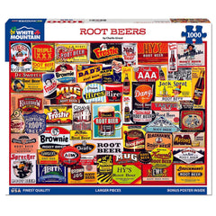 White Mountain Root Beer Puzzle collage shows vibrant labels for nostalgic family fun.