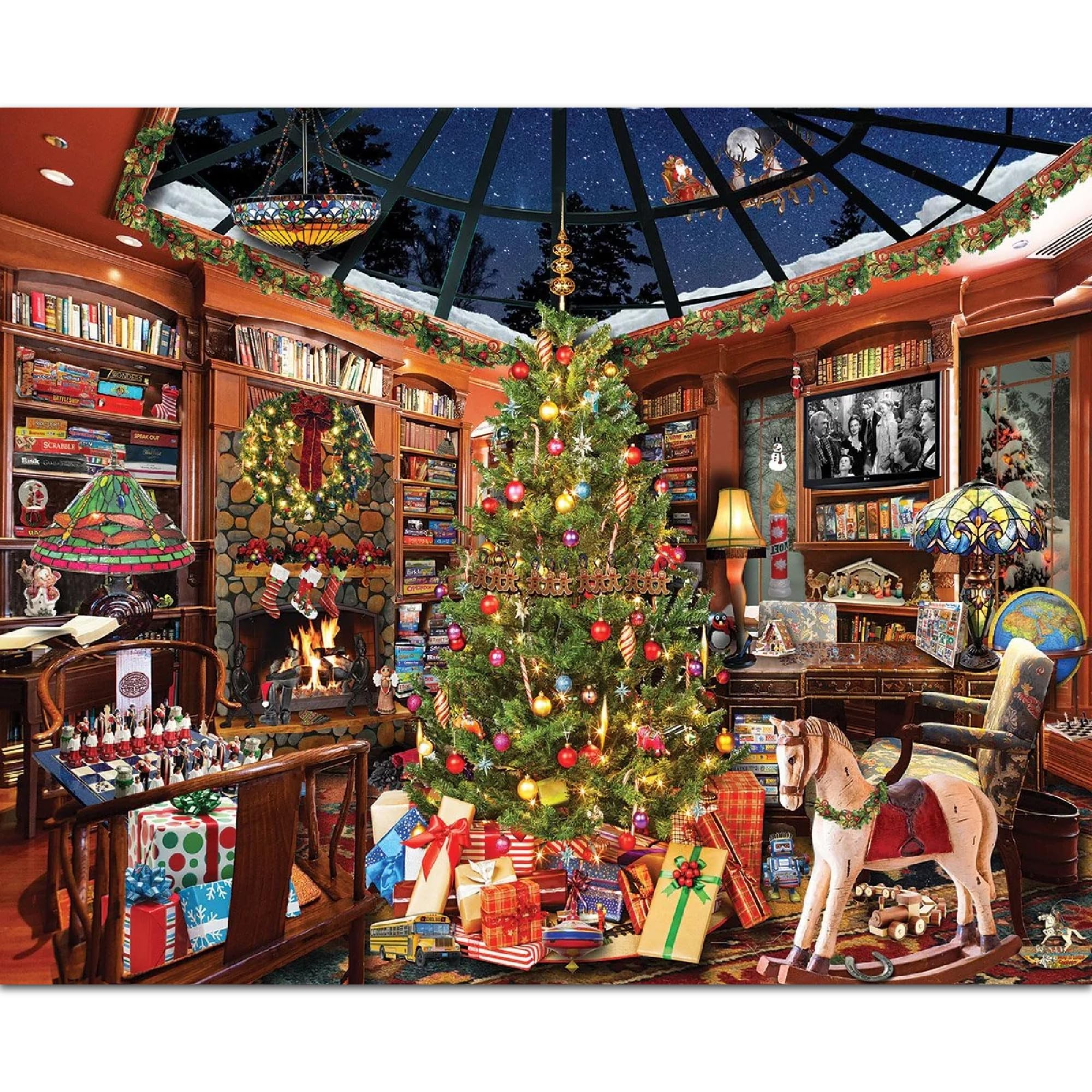White Mountain Seek & Find Christmas puzzle box shows a cozy holiday room, perfect for family bonding.