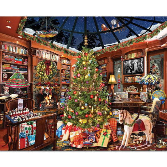 White Mountain Seek & Find Christmas puzzle box shows a cozy holiday room, perfect for family bonding.