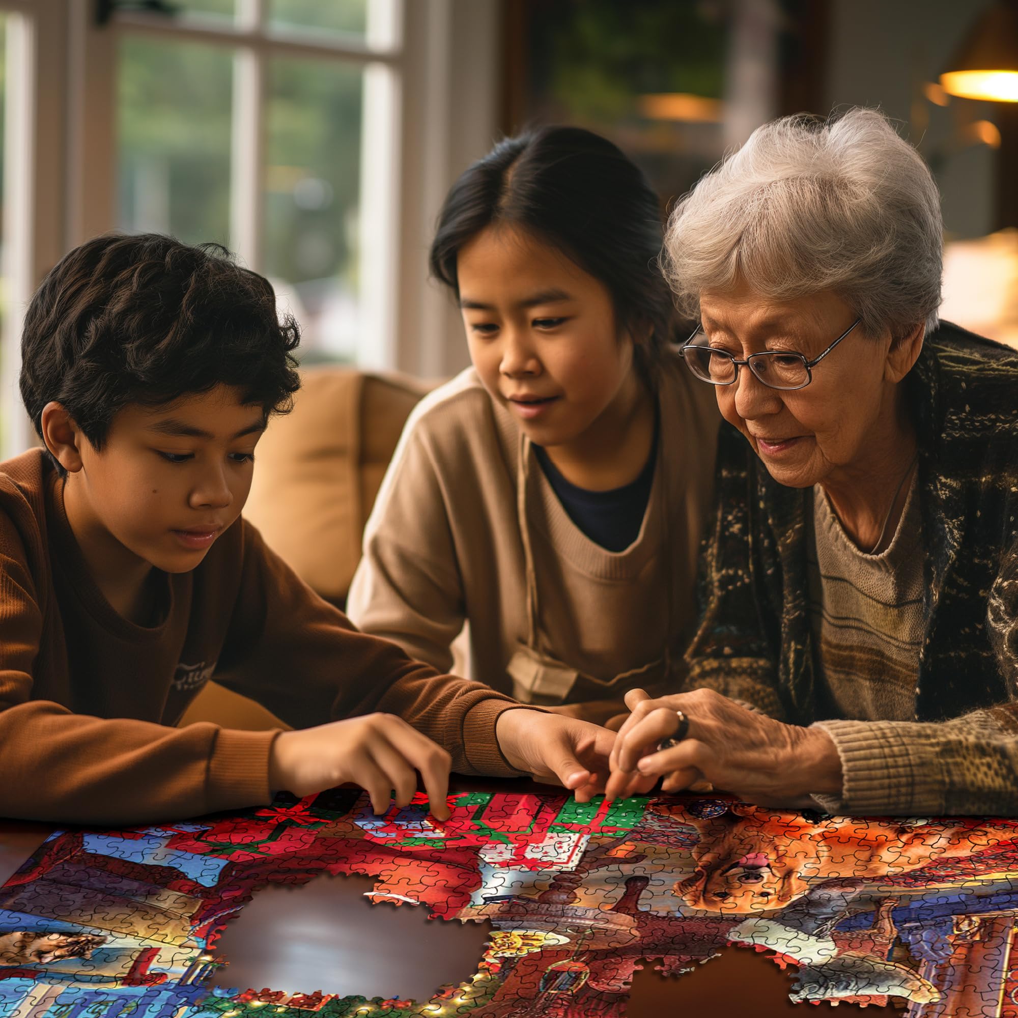 Family gathering to assemble White Mountain Sleepy Santa puzzle.