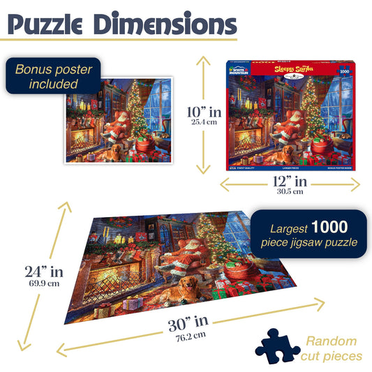 White Mountain Sleepy Santa finished 24x30 puzzle ready for wall display.