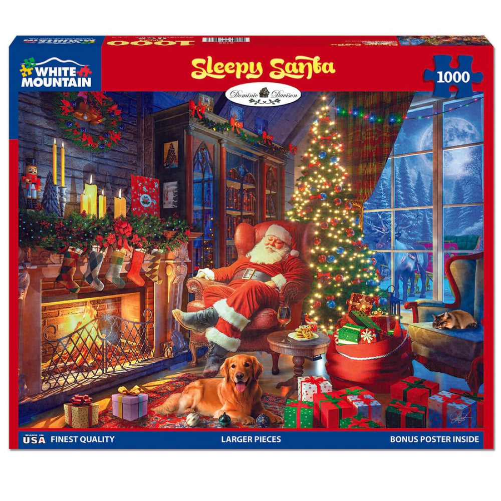 Close-up of White Mountain Sleepy Santa puzzle pieces for easy handling.