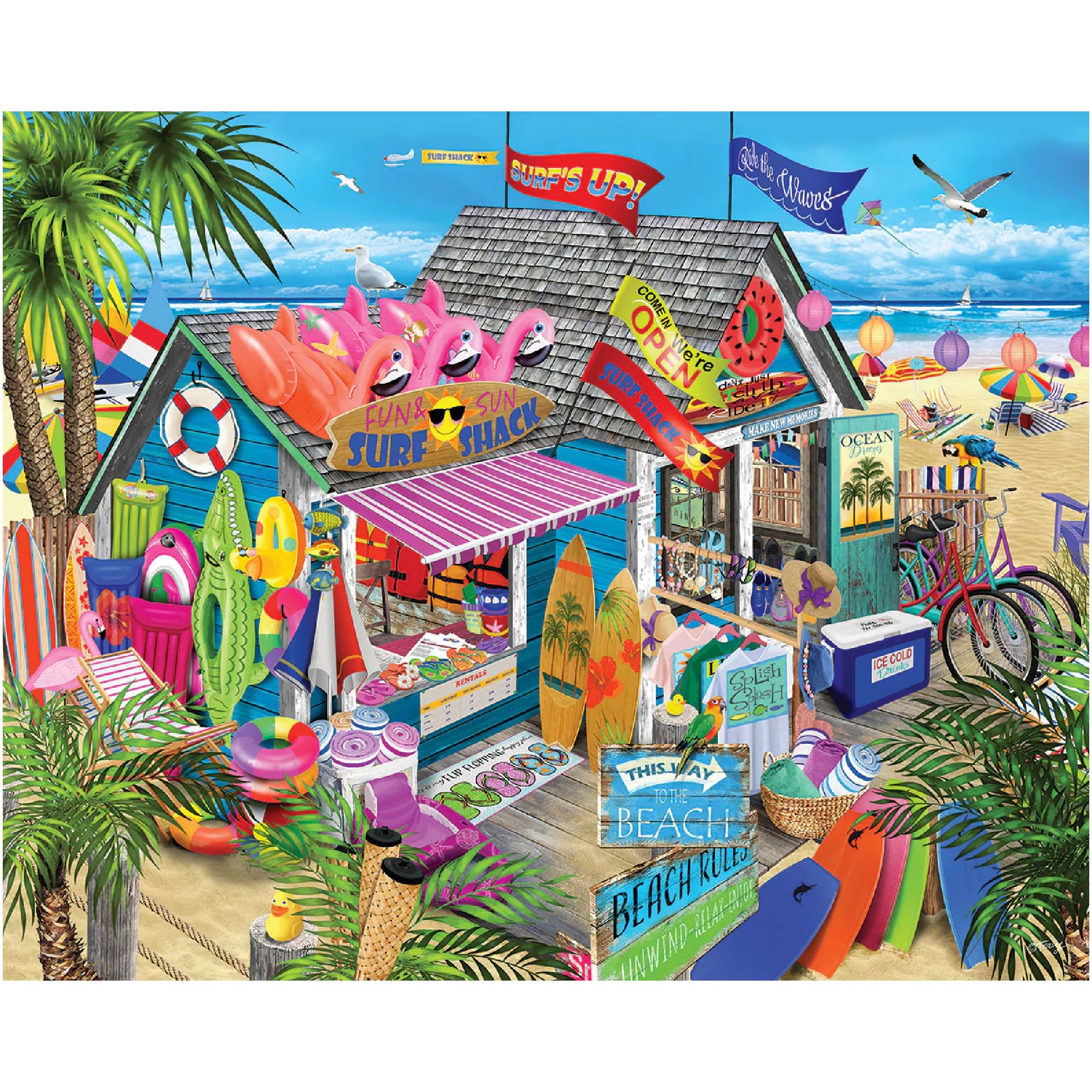 White Mountain Surf Shack 1000-piece puzzle front view for family puzzle night.