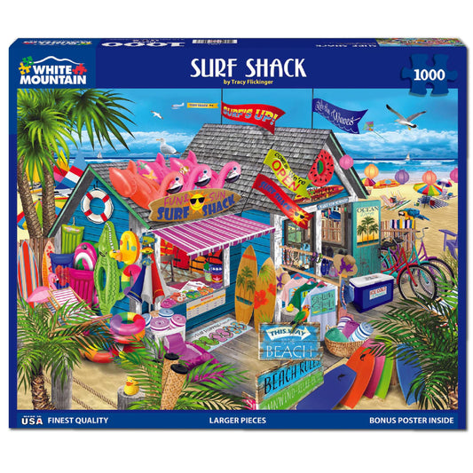White Mountain Surf Shack colorful beach scene brightens living space.