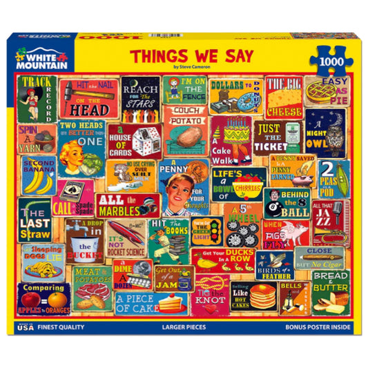 White Mountain Things We Say 1000-piece puzzle, clear pieces for easier sorting.