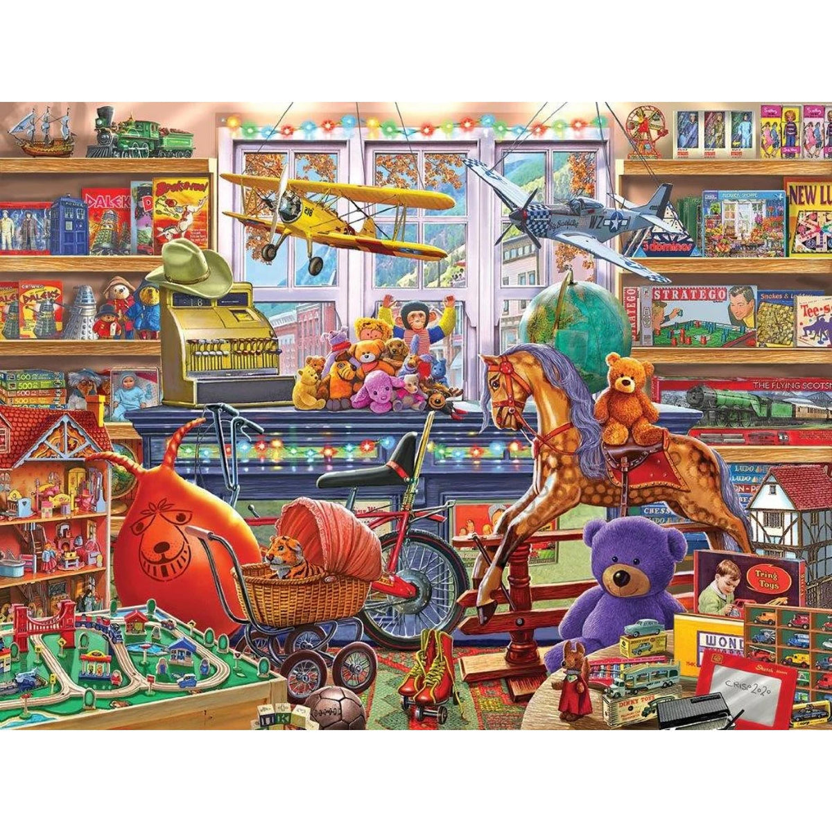 White Mountain Toy Shoppe shelves with bold colors spark an engaging jigsaw session.