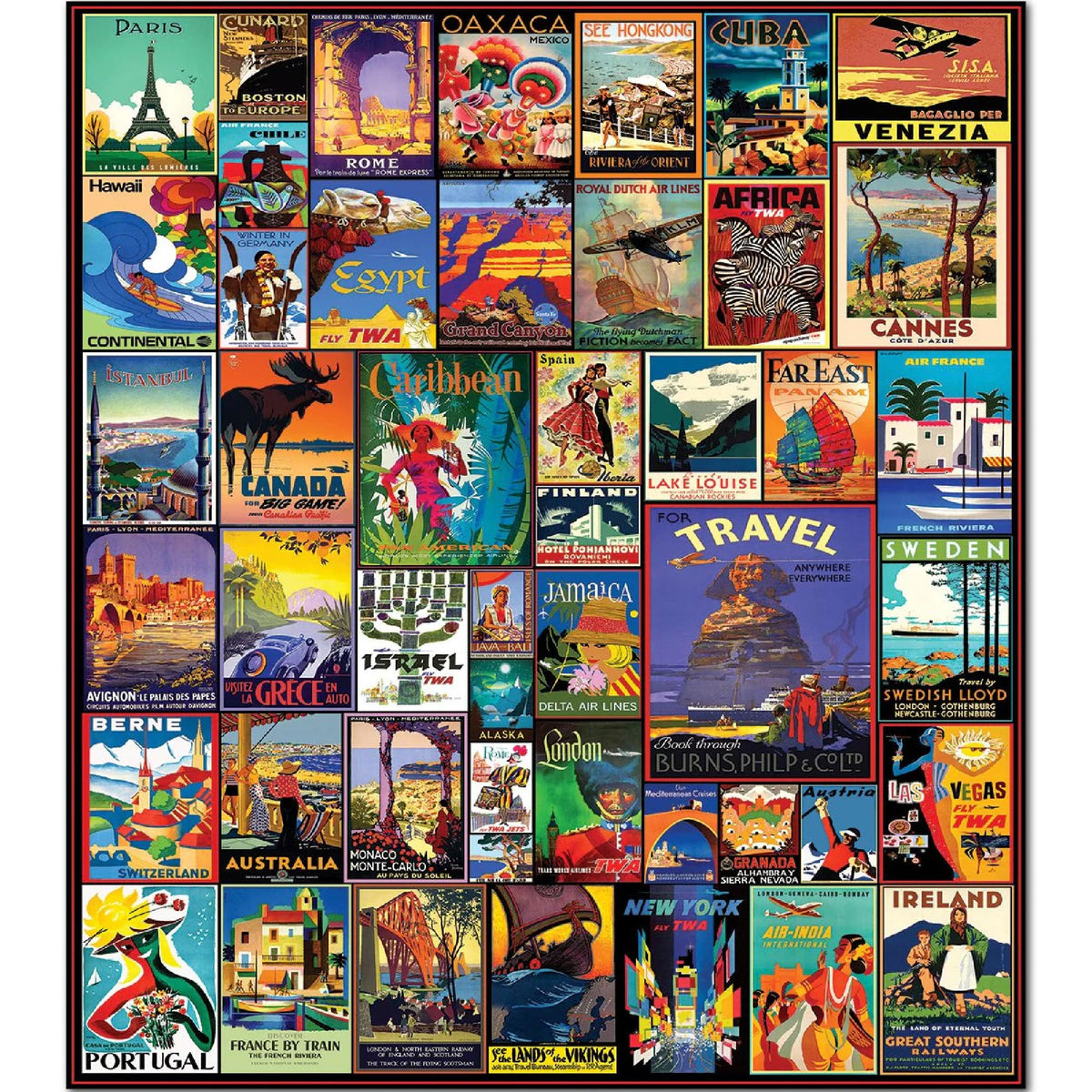 White Mountain Travel The World collage of vintage posters sparks wanderlust and mindful leisure.