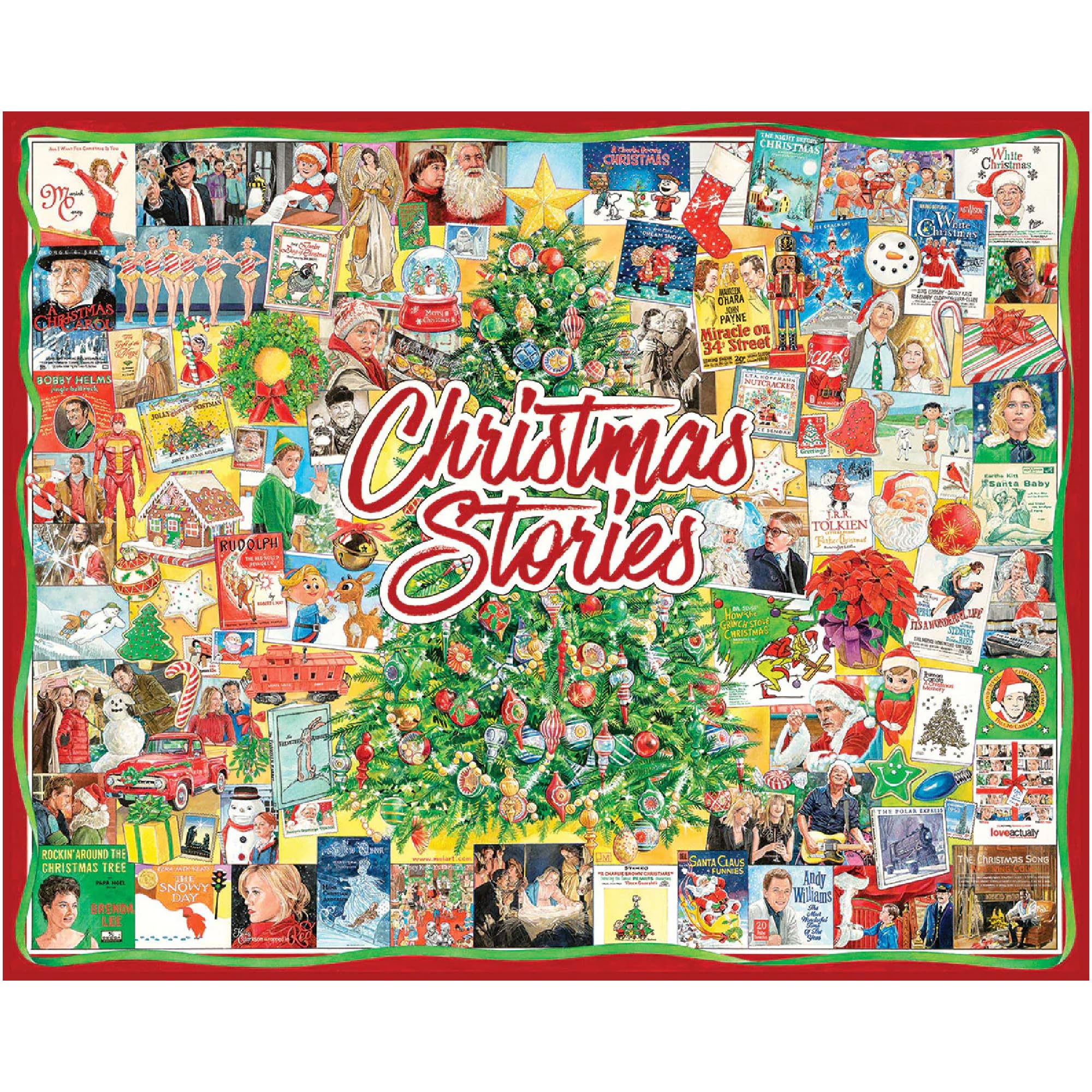 White Mountain winter Christmas puzzle collage shows a festive family scene.