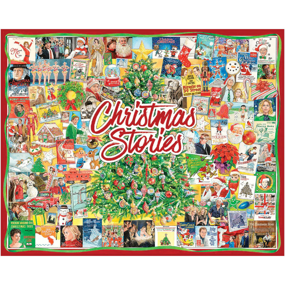 White Mountain winter Christmas puzzle collage shows a festive family scene.
