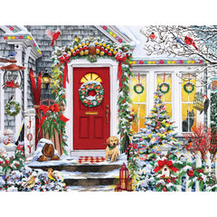 White Mountain Winter Welcome puzzle cover shows cozy glow inviting family time.
