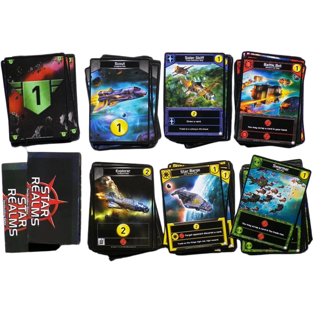 White Wizard Games Star Realms Colony Wars base structures on the table imply commanding positions.