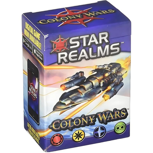 White Wizard Games Star Realms Colony Wars box art invites players to a strategic space battle.