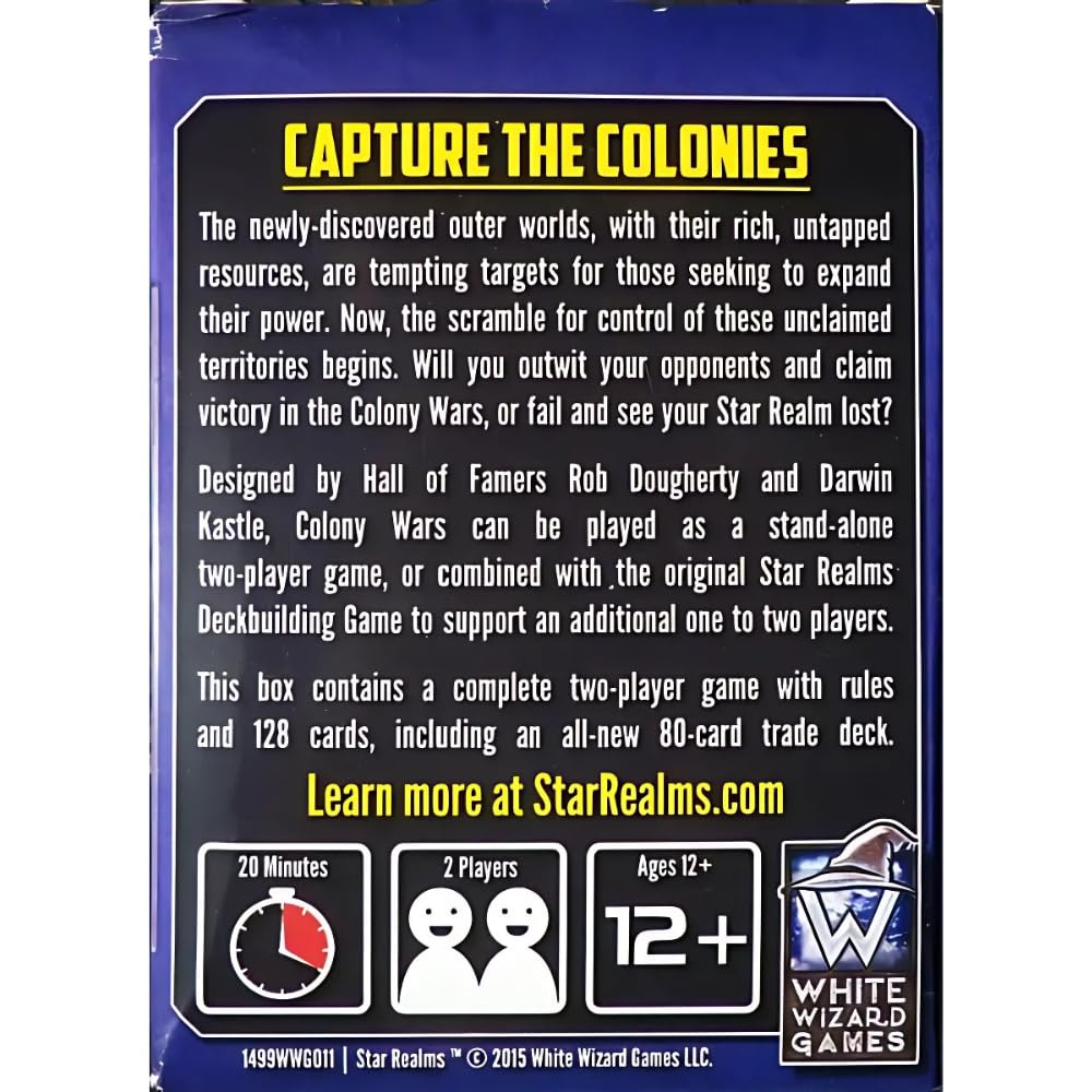 White Wizard Games Star Realms Colony Wars trade row play highlights economic strategy.