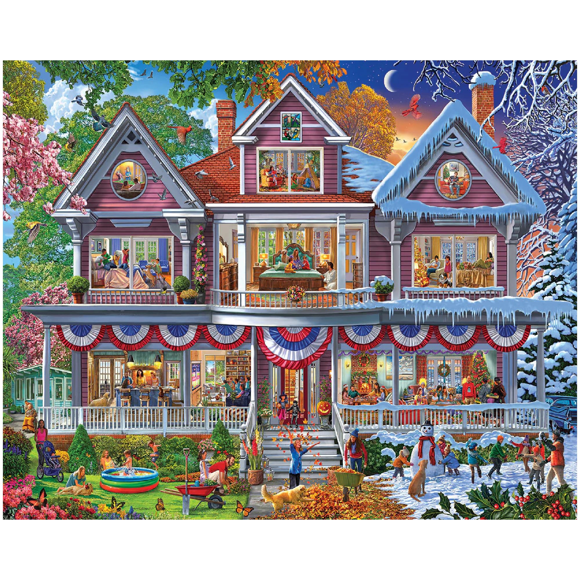 White Mountain 1000-piece puzzle box featuring Four Season House artwork for cozy evenings