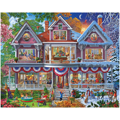 White Mountain 1000-piece puzzle box featuring Four Season House artwork for cozy evenings