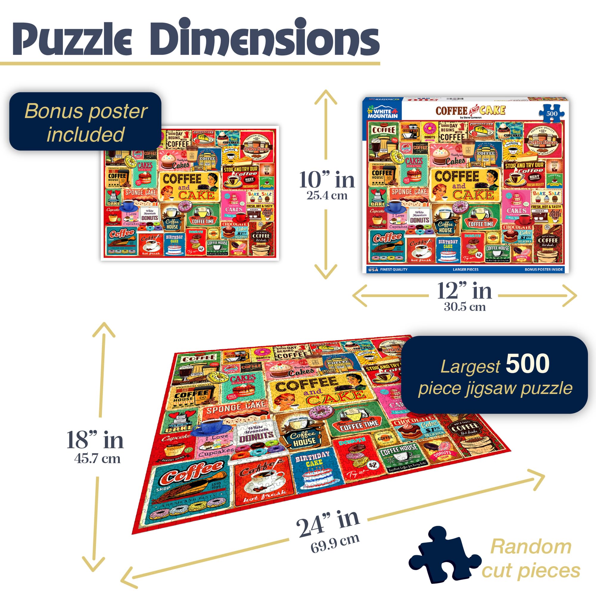 White Mountain coffee cake collage artwork captures bold colors for engaging solo or family puzzle sessions.