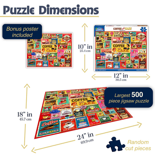 White Mountain coffee cake collage artwork captures bold colors for engaging solo or family puzzle sessions.