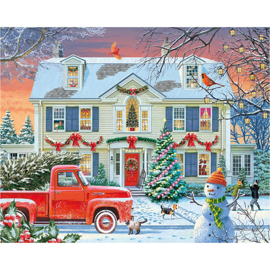 White Mountain holiday-truck-puzzle shows a red truck carrying a Christmas tree for cozy family time.