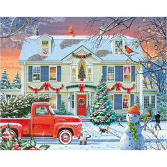 White Mountain holiday-truck-puzzle shows a red truck carrying a Christmas tree for cozy family time.