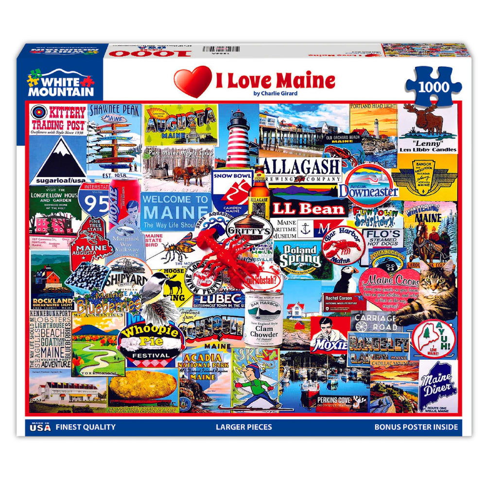 White Mountain New I Love Maine puzzle cover featuring coastal scenery, ideal for family puzzle nights.