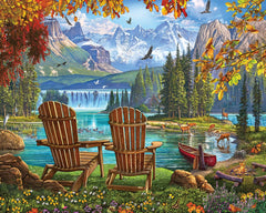 White Mountain Paradise Fall Puzzle cover image showing tranquil lake scene for family fun.