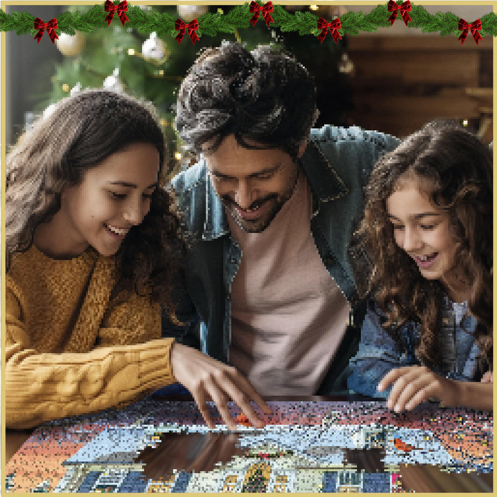White Mountain parents-kissing-window adds a heartwarming holiday vignette to your decor.