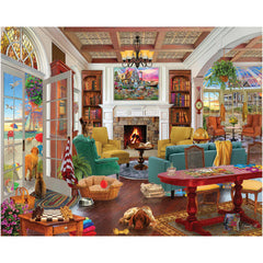 White Mountain Seaside Dreams puzzle cover featuring a sunlit beach house scene for family fun.