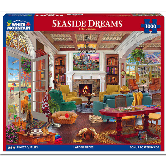 White Mountain Seaside Dreams puzzle pieces close-up highlights easy handling and precise fit.