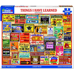White Mountain Things I Have Learned Puzzle artwork closeup, vibrant vintage typography for thoughtful evenings.