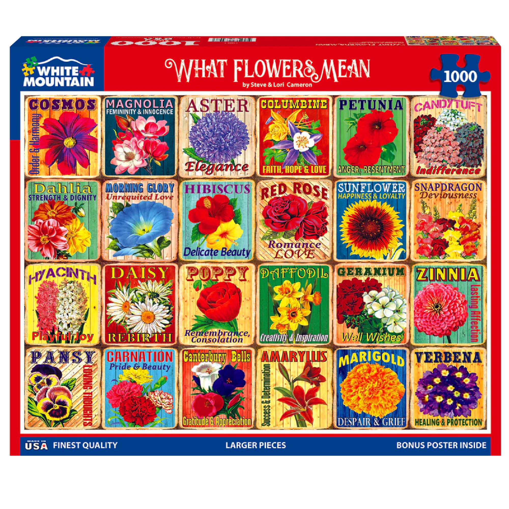 White Mountain What Flowers Mean puzzle box with vibrant floral collage inviting exploration